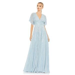 Mac Duggal Embellished V Neck Evening Gown Powder Baby Blue Formal Dress Size 6
